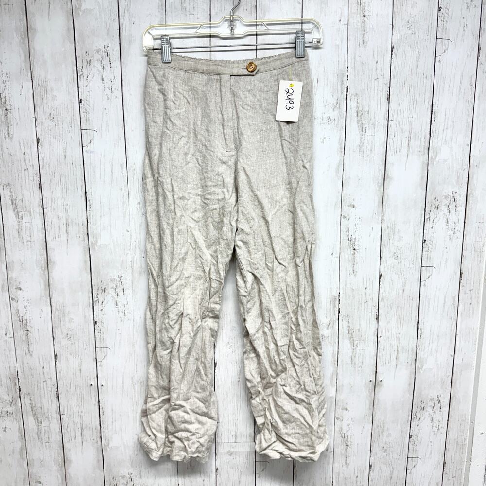 Lioness Pants Women Size Small Tan Linen Straight Leg Button Zip Fly Cuffed